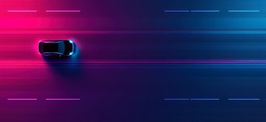 Aerial View of a Car Driving on a Neon Lit Road at Night