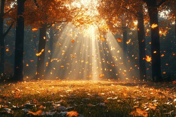 Fototapeta premium Autumn Leaves Falling in Forest Clearing with Sunlight and Shadows, Ethereal Glow and Light Particles Dancing.