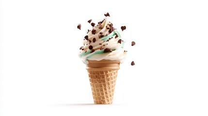 Delicious chocolate chip soft serve ice cream cone on bright white background