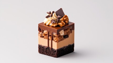 Decadent chocolate dessert with nut toppings studio setting food photography minimalist style