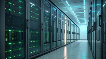 A Mesmerizing Digital Heart Beating With Data, A Network Of Servers Humming With Life, Glowing Under Cool Blue Lights In A Sleek, Modern Data Center
