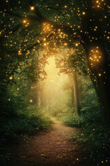 Enchanted forest path illuminated by countless glowing fireflies, creating a magical and serene atmosphere amidst the lush greenery and towering trees.