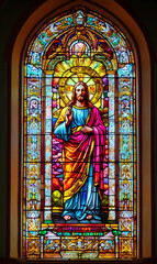 Intricate church window art depicting the Messiah as an iconic figure, beautiful mosaic design