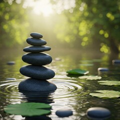 Obraz premium Zen stone cairn in serene pond with sunlight and lily leaves