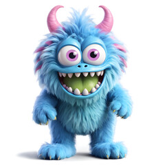 Obraz premium Blue 3D furry monster with pink horns and wide smile