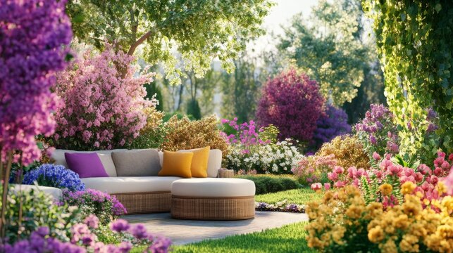 Relaxing outdoor seating area surrounded by blooming flowers on a sunny day in a vibrant garden