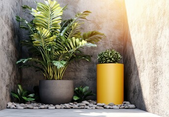 Obraz premium Lush Greenery in Modern Potted Arrangement Against Textured Wall with Sunlight