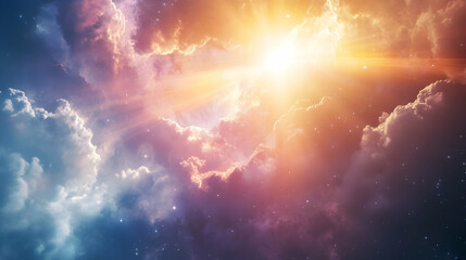 Celestial Symphony A vibrant interplay of radiant light and dreamy clouds, ethereal skies