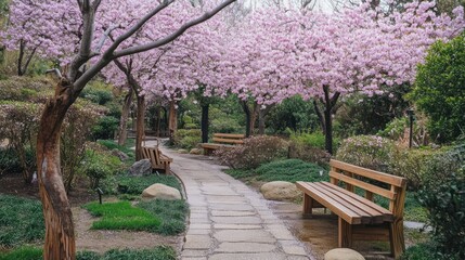 Obraz premium A beautiful park path beneath blossoming cherry trees and benches