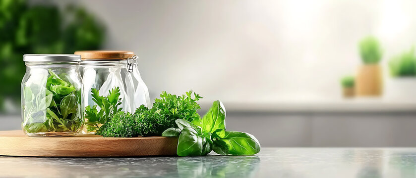 Eco-friendly shopping experience modern glass jars for fresh herbs in a minimalistic kitchen bright and leafy environment