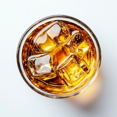 Overhead View of Golden Whiskey with Ice Cubes in Clear Glass on White Background