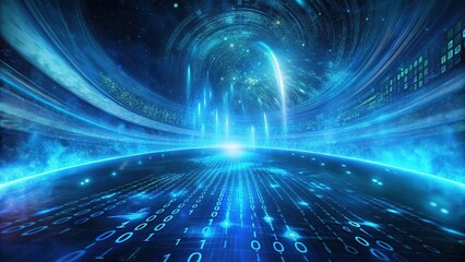 Fototapeta premium A Mesmerizing Journey Through A Digital Cosmos, A Vibrant Blue Nebula Swirling With Binary Code And Ethereal Light Trails