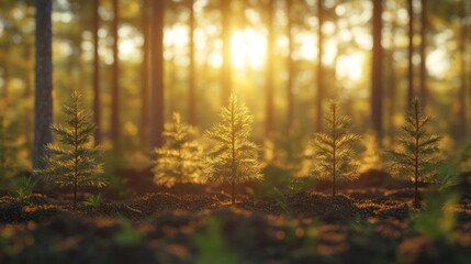 Young trees planted in a forest at sunset