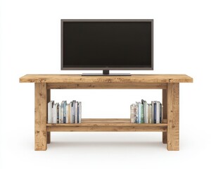 Rustic Wooden Media Console with Flat Screen TV and Books