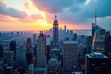 Dramatic NY cityscape, skyscrapers pierce blue sky, glass, concrete, skyline