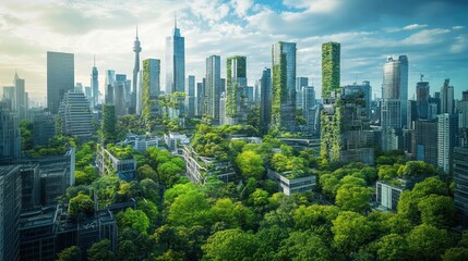 Sustainable Cityscape. Lush greenery adorns modern skyscrapers, creating a vibrant urban forest. Rooftop gardens and vertical landscaping blend nature and architecture seamlessly