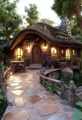 Fototapeta premium Stone Cottage in a Lush Forest at Dusk