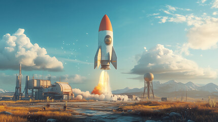 A 1960s-style retro rocket ship lifts off from the launch pad