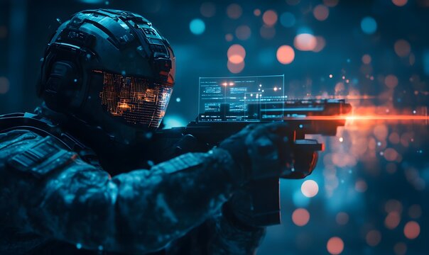 a soldier aiming a gun with digital interface. - Powered by Adobe