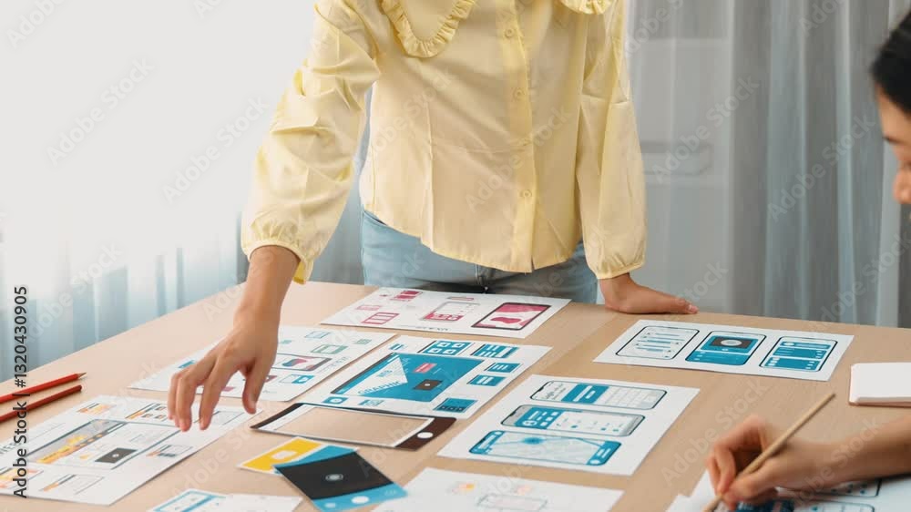 Poster panorama video of startup company employee planning on user interface prototype for mobile applicati