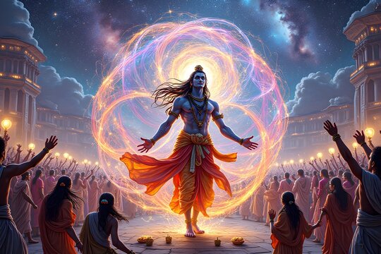Powerful goddess Shiva radiating energy amidst a celestial gathering.