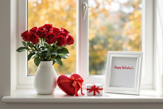 Red roses in a white vase, heart-shaped gift box, and framed message on a windowsill with a blurred autumn background. Concept of love and romance. Ai generative