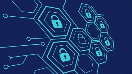 A Secure Network Of Interconnected Digital Locks, Ensuring Data Safety And Online Protection, Depicted In A Vibrant Honeycomb Pattern With Teal Accents On A Dark Blue Background
