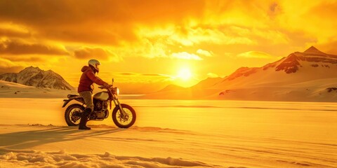 Fototapeta premium Panoramic Sunset Snow Biker Ride: Epic Winter Motorcycle Adventure Photography