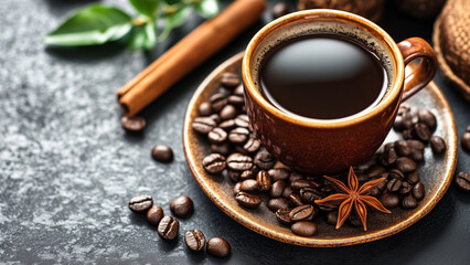 Fototapeta premium cup of black coffee on saucer filled with coffee beans, accompanied by cinnamon stick and star anise