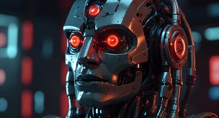 Oracle robot with glowing red eyes, enveloped by holographic displays of various possible futures.  