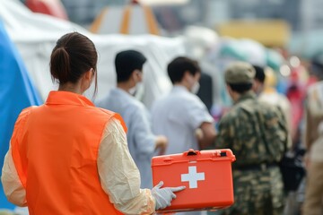 A disaster relief team offering medical aid after a natural disaster