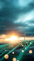 Innovative renewable energy network concept featuring glowing green elements coastal landscape infographic style dynamic environment futuristic perspective