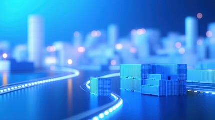 Futuristic illustration shows shipping containers and a cityscape with lights