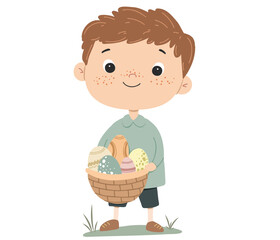 A cute little boy happily holding a basket filled with colorful Easter eggs.