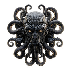 3D Render of Cthulhu-like Creature's Face with Octopus Tentacles Isolated on Transparent Background