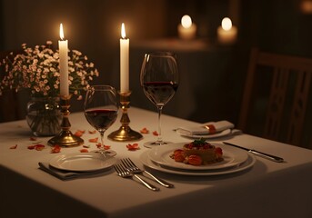 Romantic Candlelight Dinner Setting with Wine and Dessert Arrangement