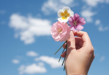 A picture of a female hand holding three beautiful flowers over blue sky