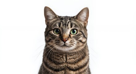 Fototapeta premium A captivating close-up of a tabby cat against a plain white background.