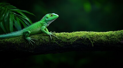 Fototapeta premium A vibrant green lizard perched on a moss covered branch