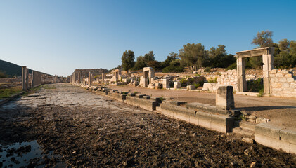 Ruins of the ancient city of Patara. Morning view of the Agora area. Mediterranean region. Kas district, Antalya province, Turkey country