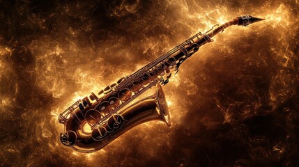 Naklejka premium Golden saxophone engulfed in fiery flames