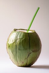 Naklejka premium Fresh Green Coconut with Straw for Refreshing Drink and Tropical Vibes, Perfect for Summer Refreshment and Healthy Lifestyle Imagery
