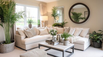 32.A bright and airy living room with a soft beige wall, featuring a plush, comfortable sofa adorned with neutral cushions, a large mirror above a low console table, and houseplants positioned