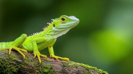 Fototapeta premium A vibrant green lizard rests upon a mossy tree branch