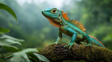 Fototapeta premium A Colorful Lizard Resting Gracefully on a Moss Covered Branch
