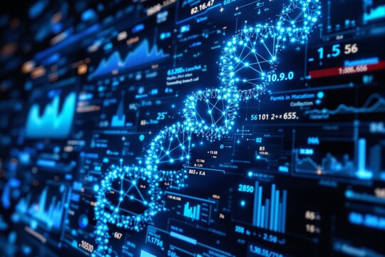 Glowing DNA helix made of network nodes and connections over a futuristic digital background with data charts and analytics. Concept of biotech innovation. Ai generative