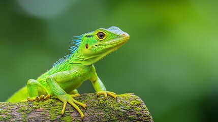 Naklejka premium A vibrant green lizard resting on a moss covered log