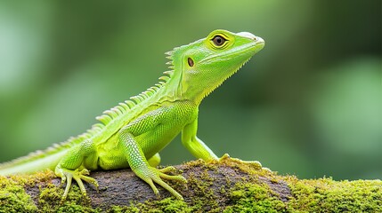 A vibrant green lizard perched on a mossy tree branch