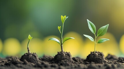 three stages of plant growth from small shoots to larger young plants
