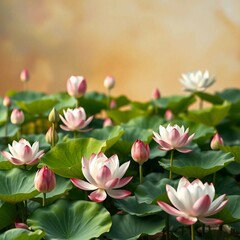 Obraz premium A picturesque setting featuring delicate lotus flowers gracefully rising above the water.